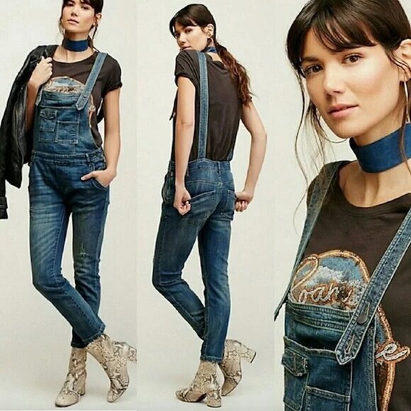 Women's 26 Free People Distressed Skinny Overalls Skinny Distressed Bibs - Picture 2 of 12